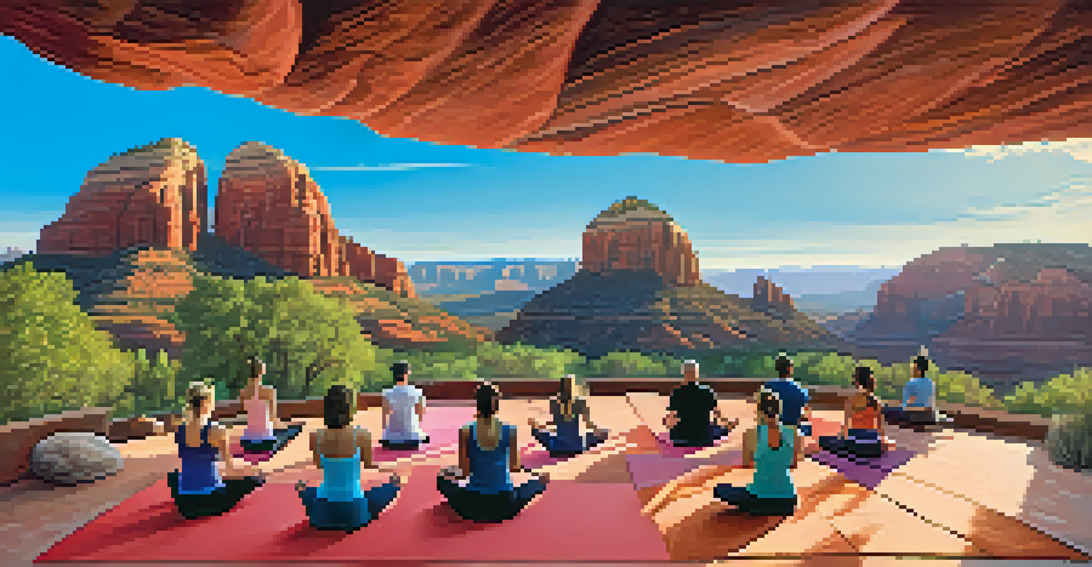 An aerial view of people doing yoga on a cliff with red rock formations in Sedona.