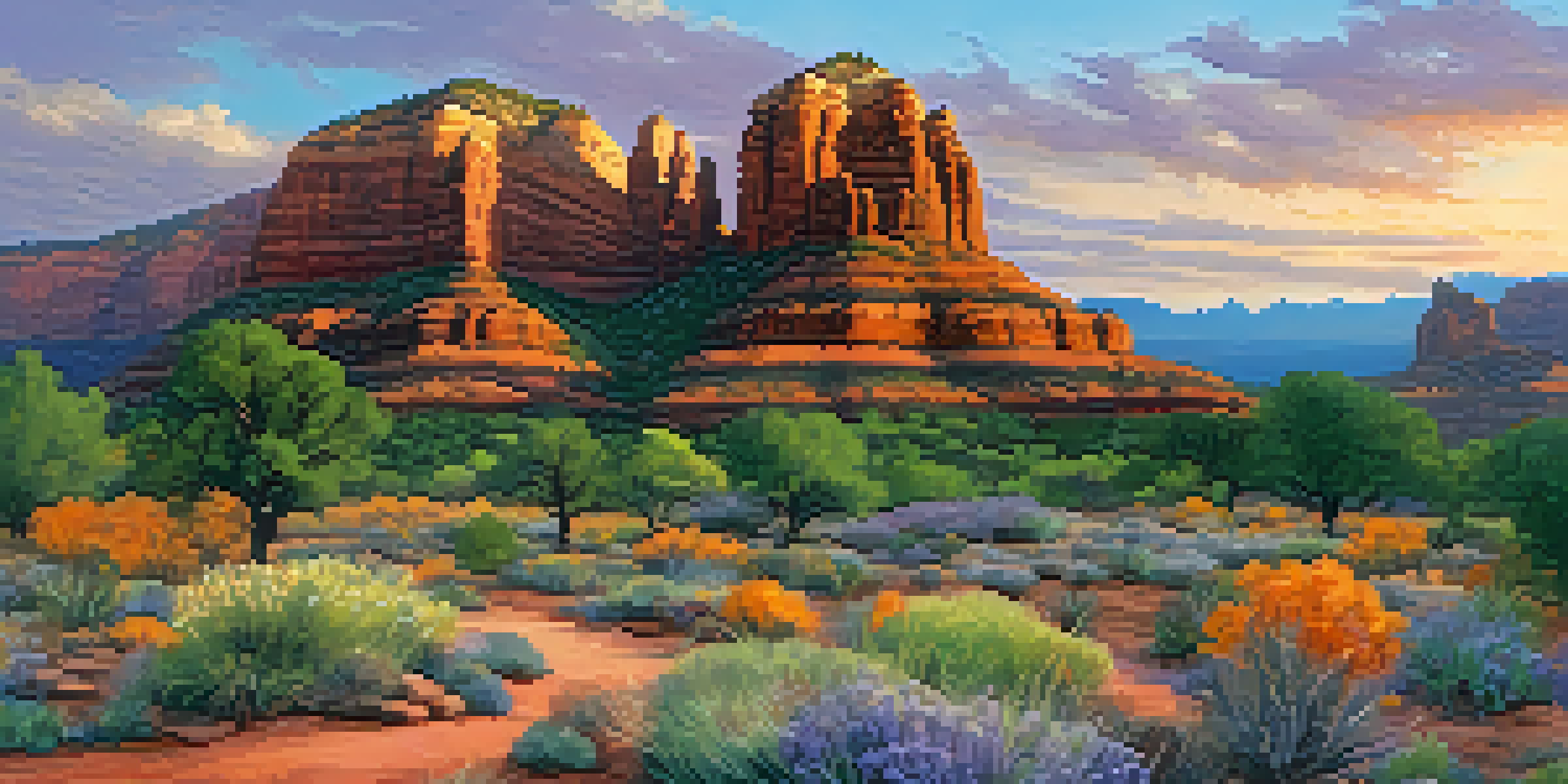 A scenic view of Sedona's red rock formations at sunset, with a diverse group of residents engaged in a community meeting about environmental advocacy.