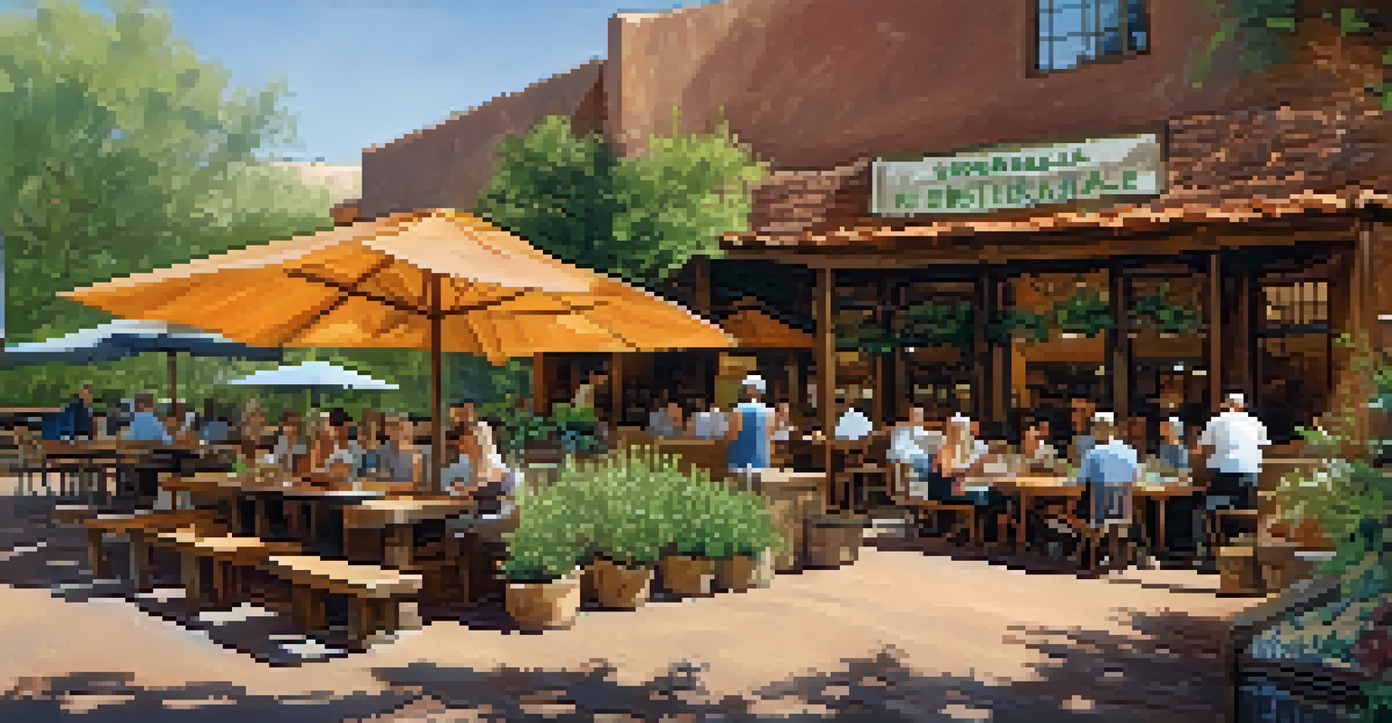 An eco-friendly outdoor restaurant in Sedona with diners enjoying farm-to-table meals surrounded by greenery.