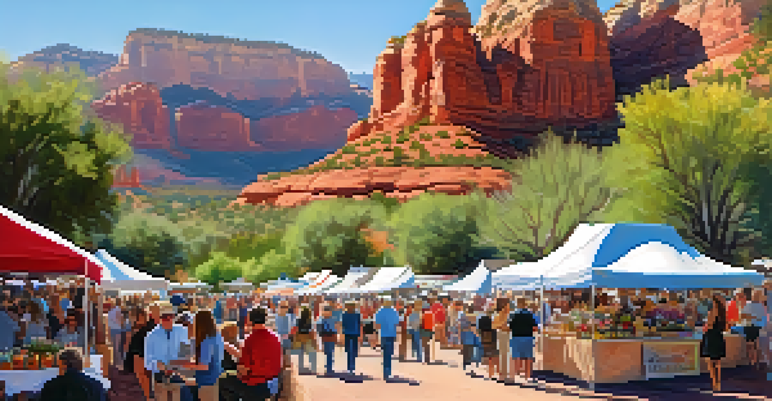 A spring art festival in Sedona with local artists, vibrant crafts, and people enjoying the festivities.