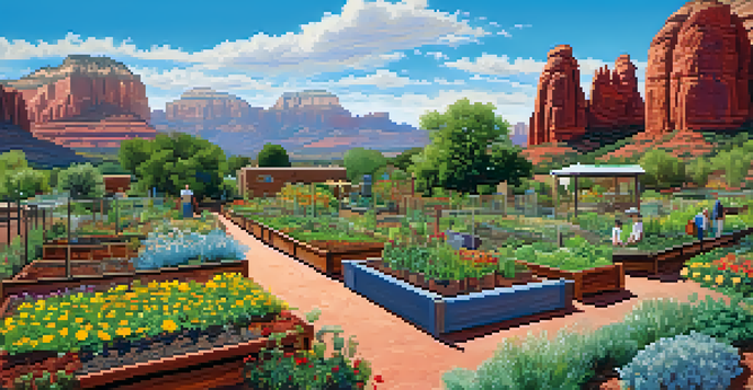 A lively community garden with people of different ages tending to plants, set against the red rock landscape of Sedona.