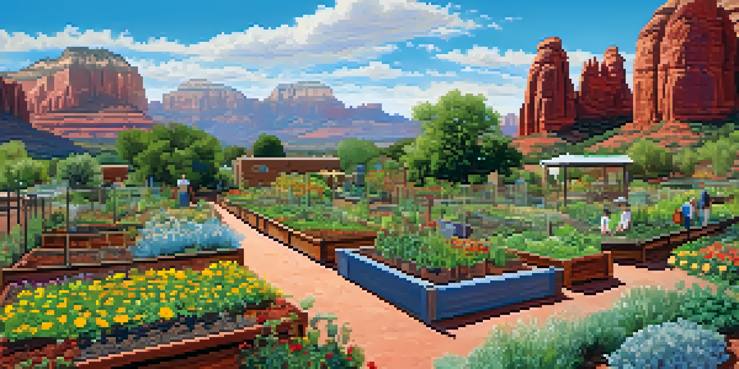 A lively community garden with people of different ages tending to plants, set against the red rock landscape of Sedona.