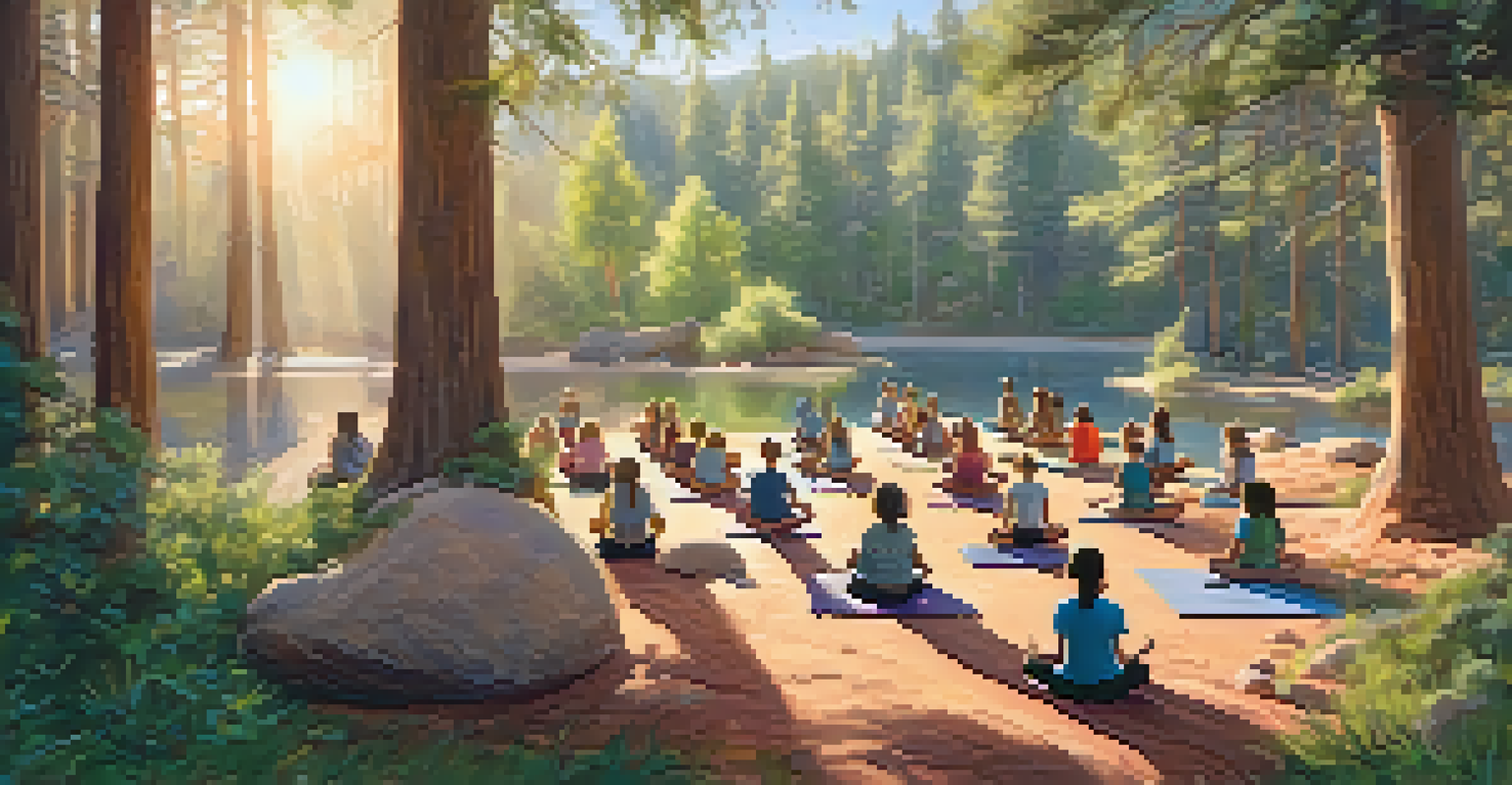 Children practicing yoga and mindfulness in a tranquil outdoor setting surrounded by nature.