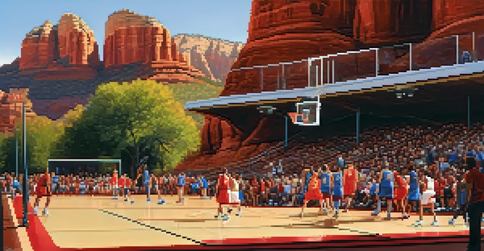 A bustling basketball game in Sedona with fans in team colors and red rock formations in the background.