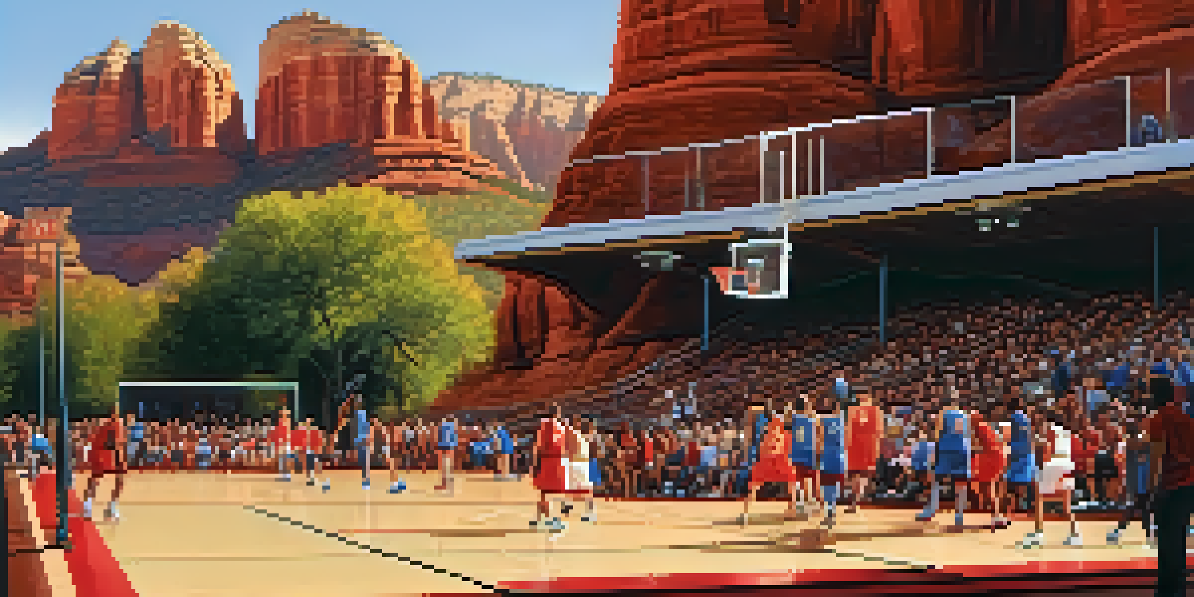 A bustling basketball game in Sedona with fans in team colors and red rock formations in the background.