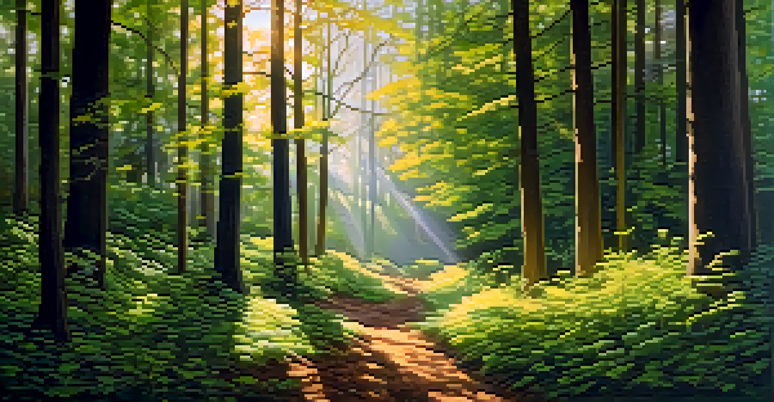 A quiet forest at golden hour with sunlight filtering through the trees, casting shadows and highlighting a small deer in the distance.