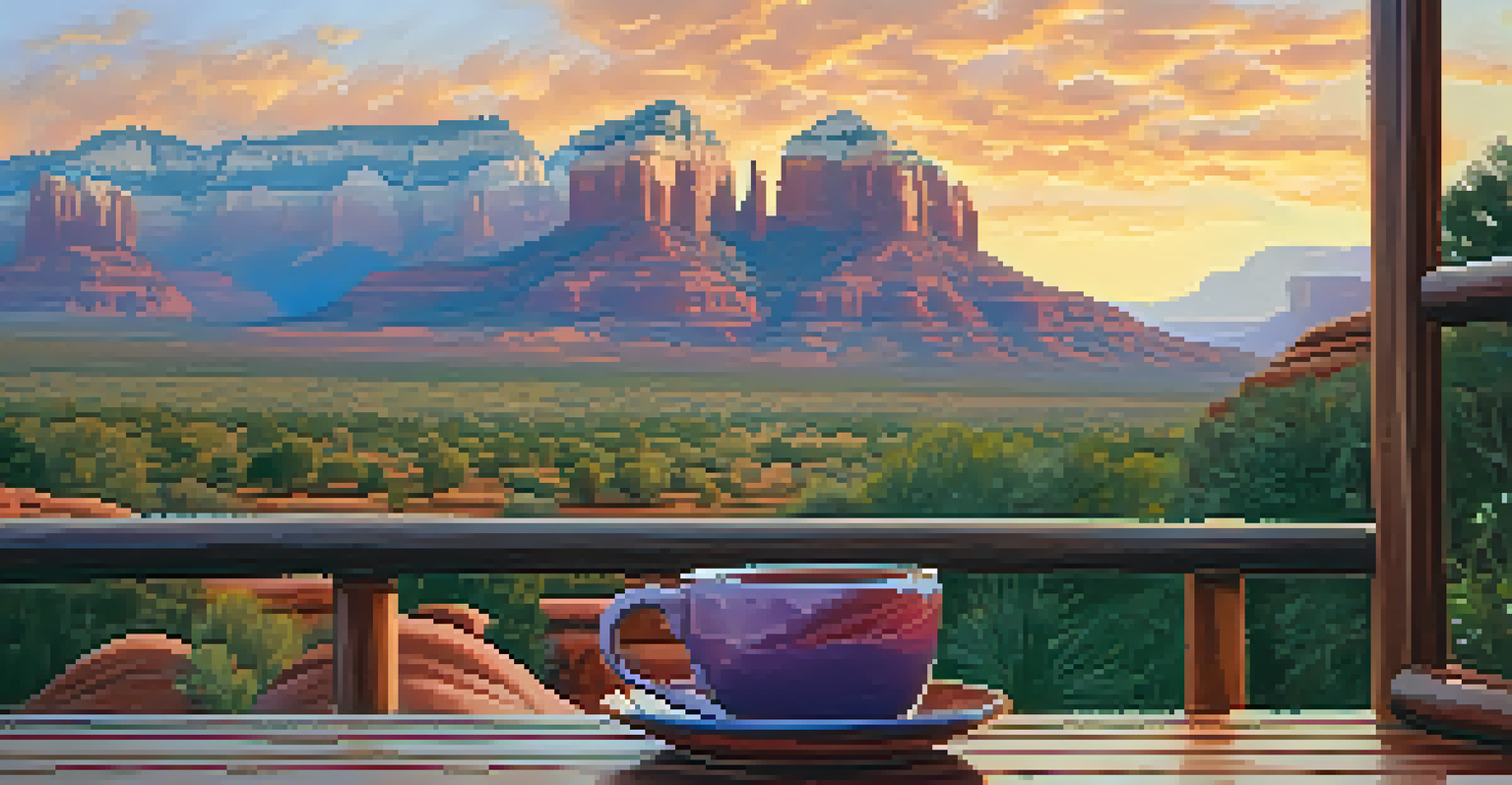 A beautiful sunrise over Sedona's landscape from a yurt's deck, with a cup of coffee.