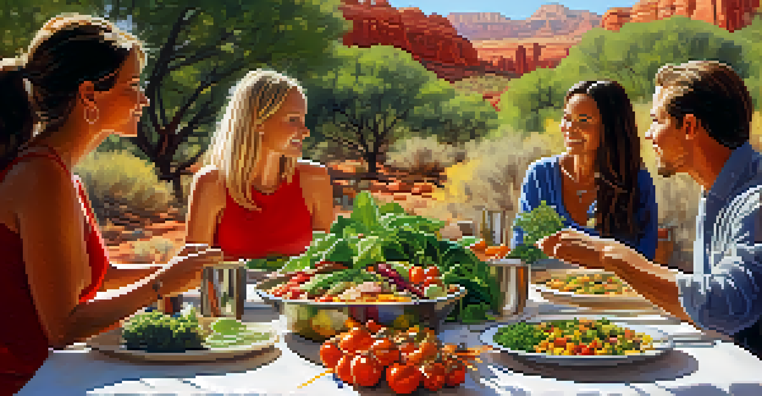 A colorful organic meal served outdoors at a retreat, with participants enjoying the food surrounded by red rock formations.