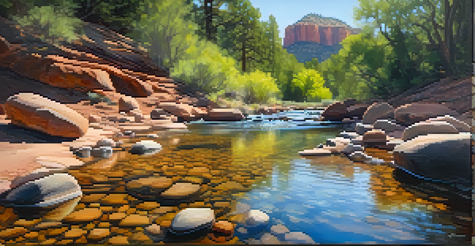 A clear stream surrounded by colorful wildflowers and sunlight filtering through trees in Sedona.