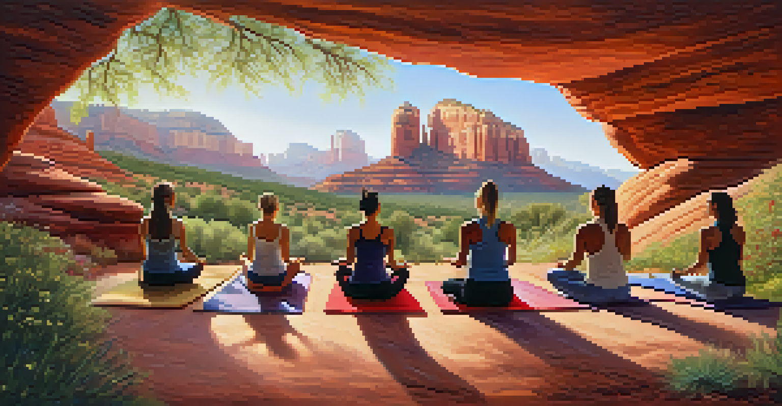 A group practicing yoga outdoors in Sedona, surrounded by red rock formations and wildflowers under soft sunlight.