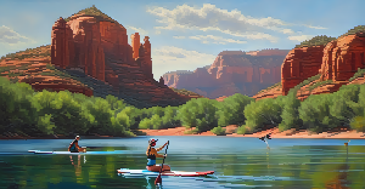 Paddleboarders on a serene lake with Sedona's red rock formations in the background, illustrating a peaceful outdoor experience.