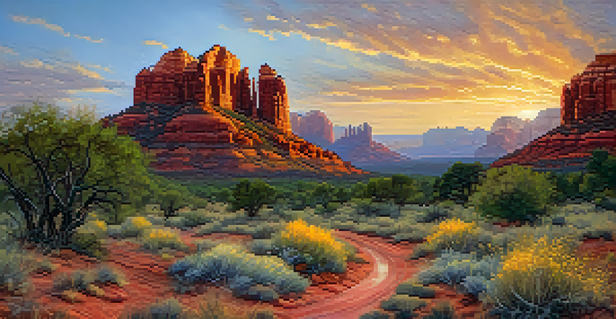 A scenic view of Sedona's red rock formations with a winding trail and vibrant sunset.