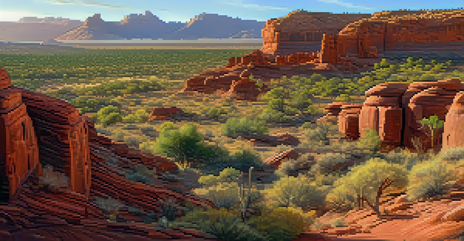 Panoramic view of the Palatki Heritage Site with visitors exploring ancient petroglyphs against stunning red rock formations, bathed in golden hour sunlight.