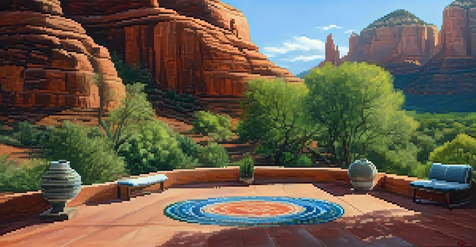 An outdoor yoga space at a wellness retreat in Sedona, surrounded by trees and red rock formations.