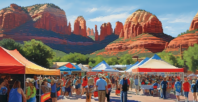 An outdoor festival in Sedona with accessible booths and volunteers helping attendees, set against red rock formations.