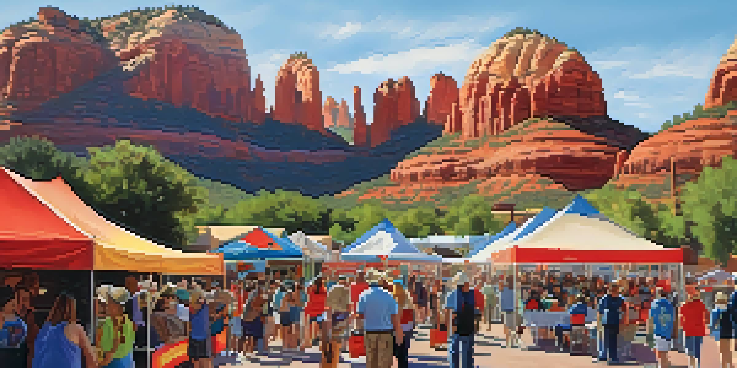 An outdoor festival in Sedona with accessible booths and volunteers helping attendees, set against red rock formations.