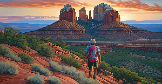 A climber ascending Cathedral Rock at sunset, with the spires glowing in orange and pink hues against a clear sky.
