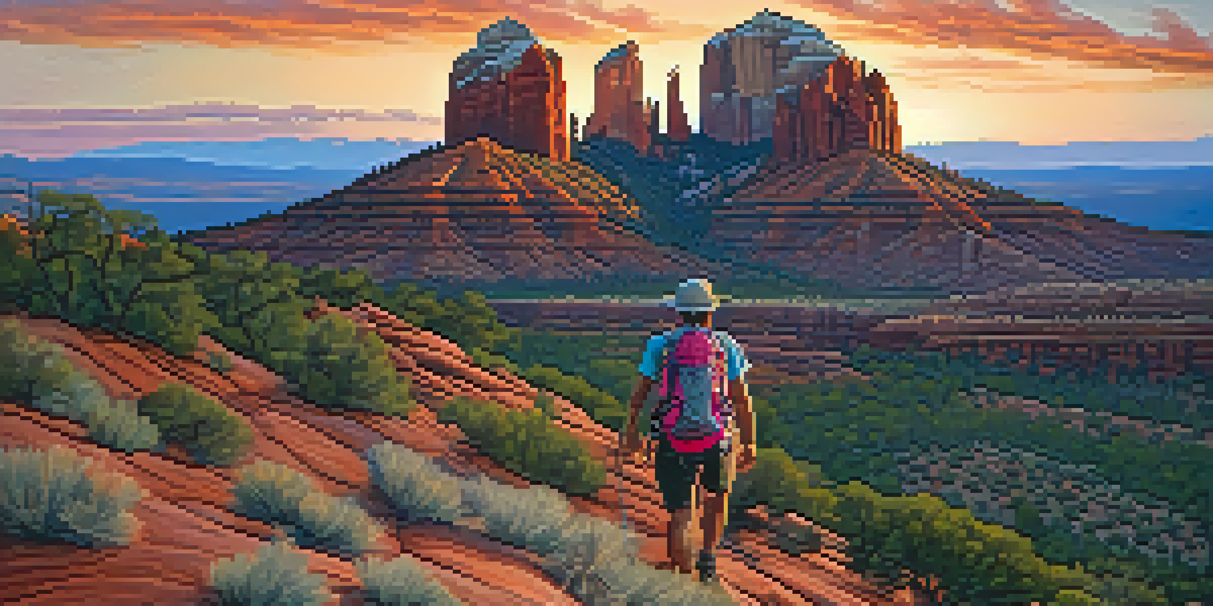 A climber ascending Cathedral Rock at sunset, with the spires glowing in orange and pink hues against a clear sky.