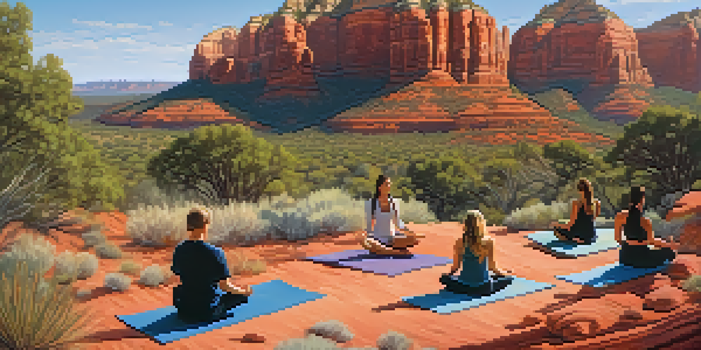 A group of people practicing yoga on a cliff in Sedona, surrounded by red rock formations and desert plants under a clear sky.