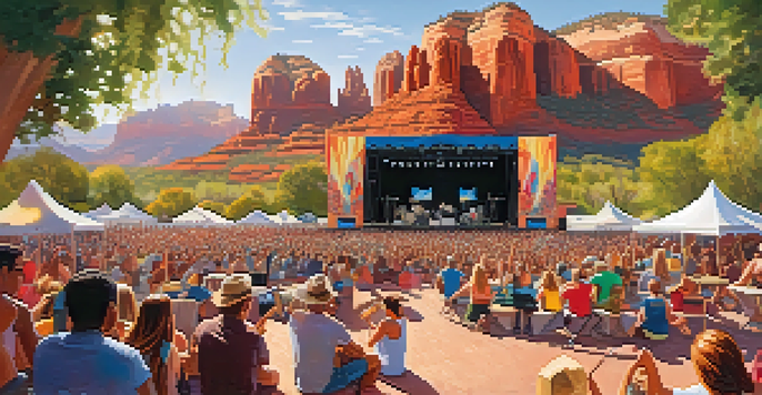 A lively outdoor music festival with diverse attendees enjoying performances in Sedona, Arizona, surrounded by red rock formations and colorful food stalls.