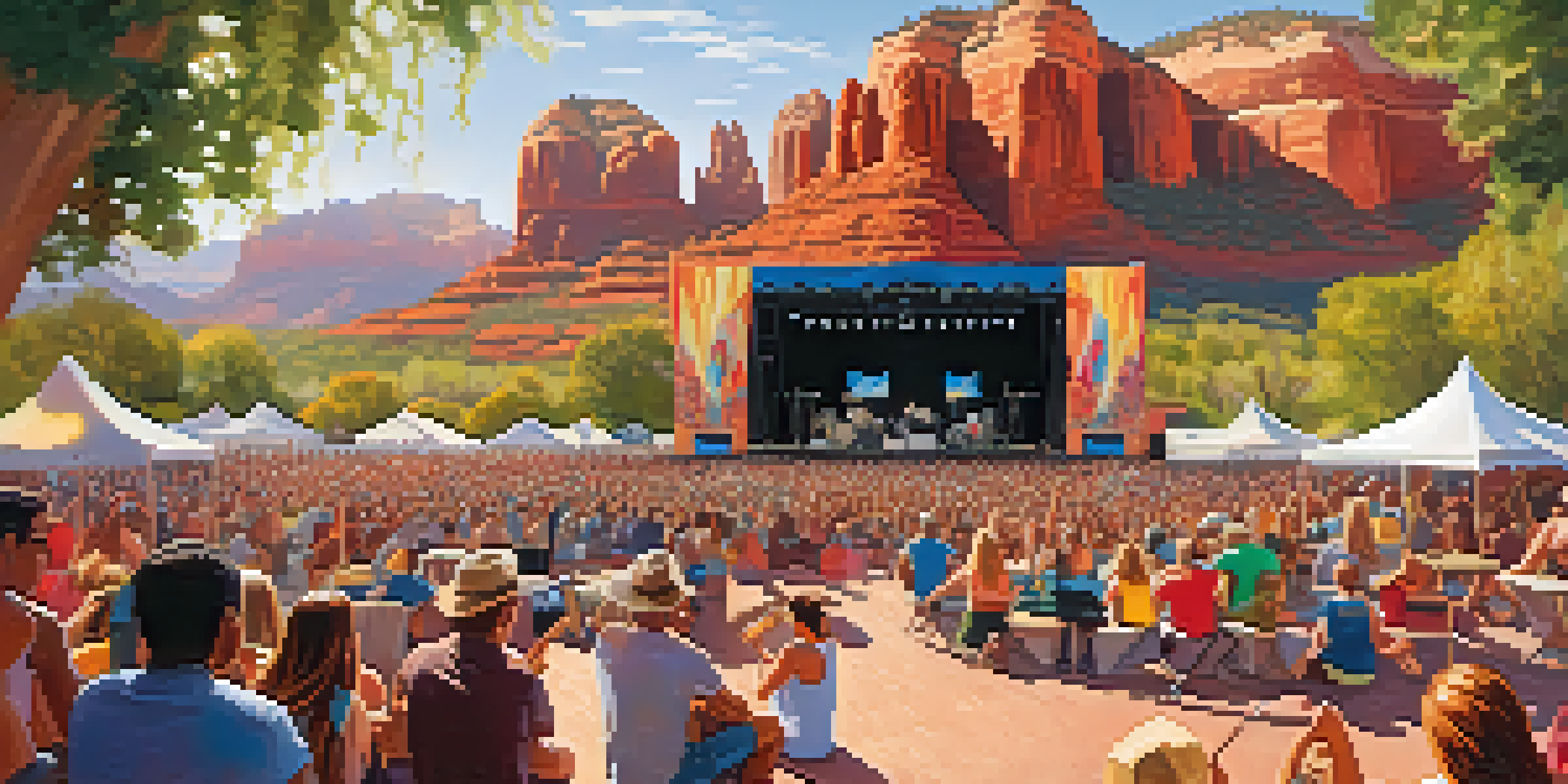 A lively outdoor music festival with diverse attendees enjoying performances in Sedona, Arizona, surrounded by red rock formations and colorful food stalls.