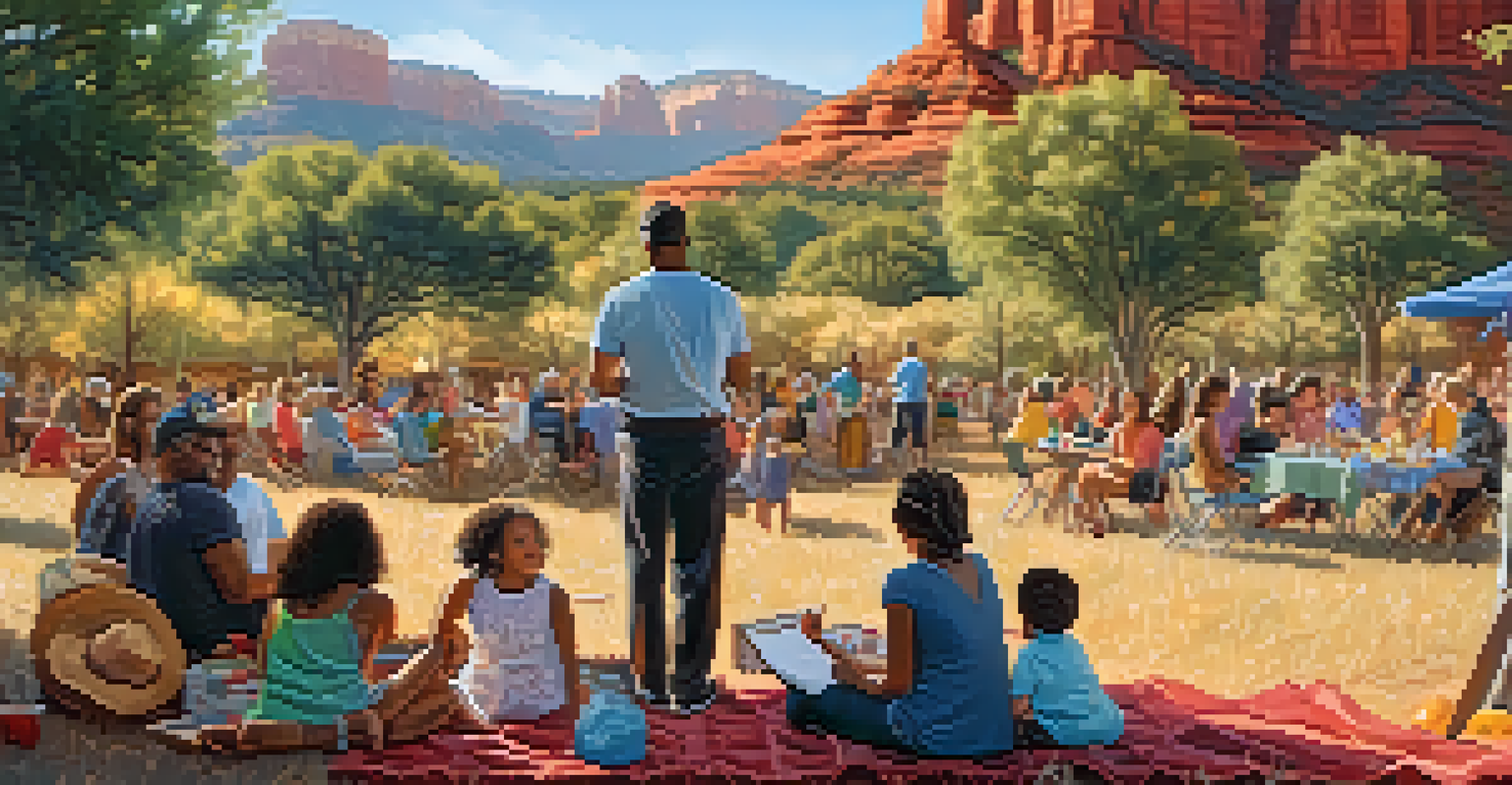 A family picnicking at a jazz festival, with children playing and musicians performing in the background, surrounded by the scenic beauty of Sedona.