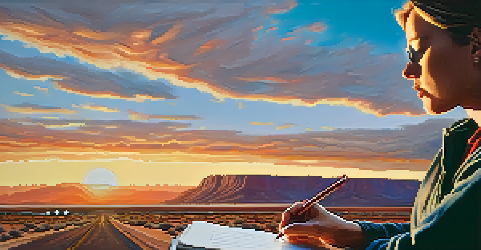 A close-up of a person journaling at Airport Mesa during sunset, with vibrant colors in the sky and red rocks in the background.