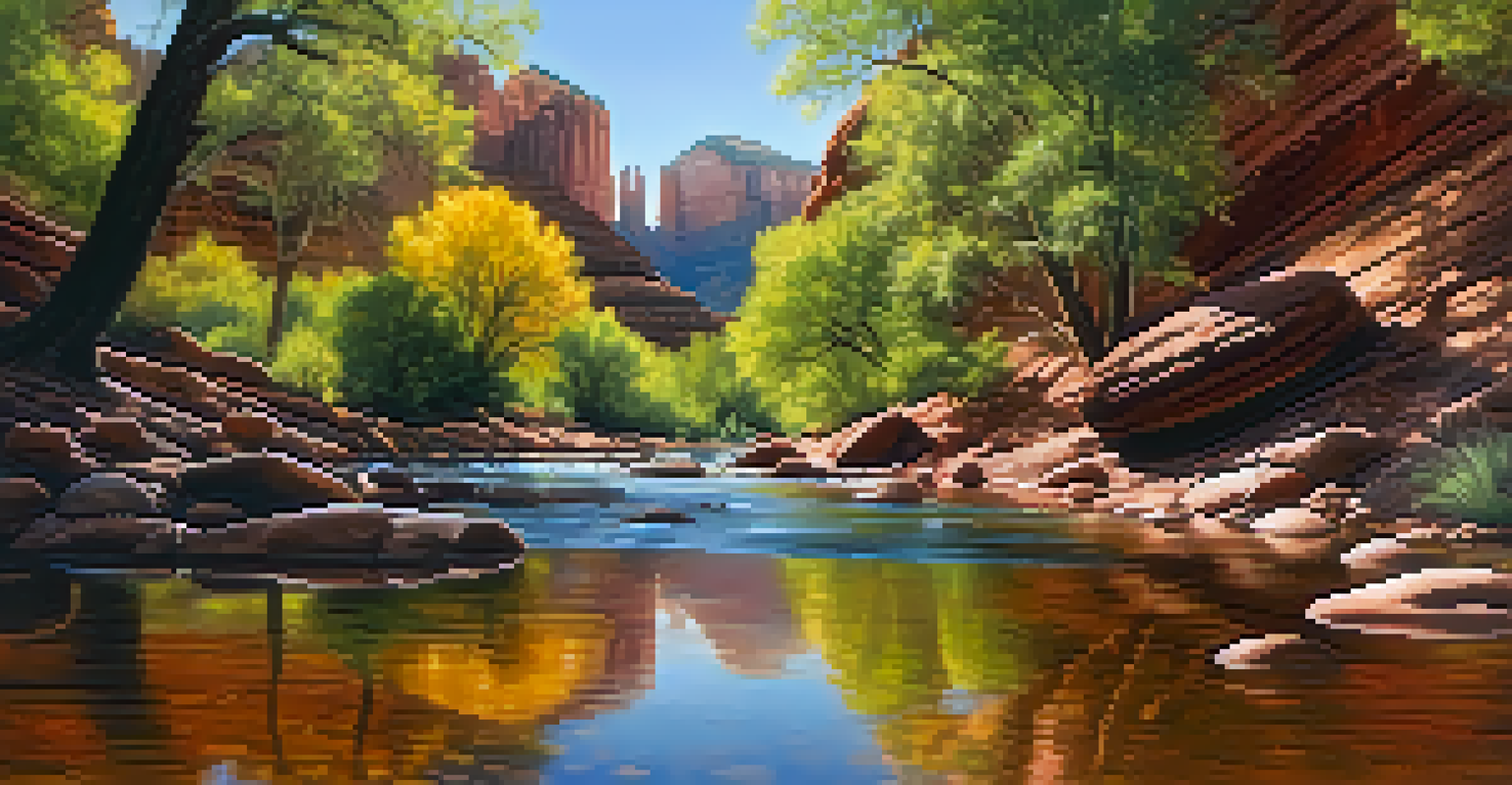A peaceful view of Oak Creek in Sedona, surrounded by oak trees and red rock cliffs, with deer by the water's edge.