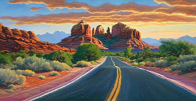 A stunning sunset view of the Red Rock Scenic Byway with Cathedral Rock and Bell Rock in the background, featuring a winding road and vibrant colors in the sky.