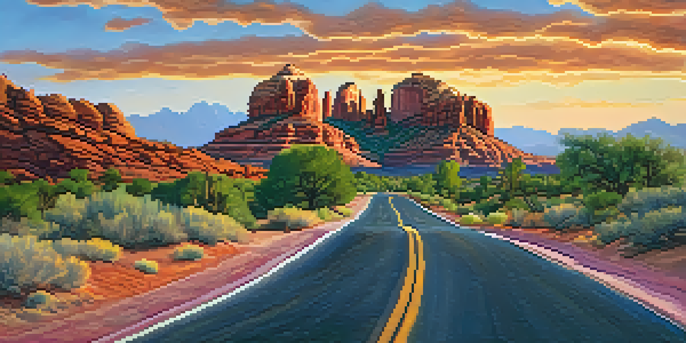 A stunning sunset view of the Red Rock Scenic Byway with Cathedral Rock and Bell Rock in the background, featuring a winding road and vibrant colors in the sky.