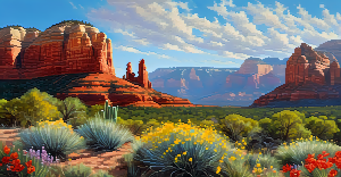 A wide view of Sedona's red rock formations surrounded by blooming wildflowers under a clear blue sky, with sunlight enhancing the colors.