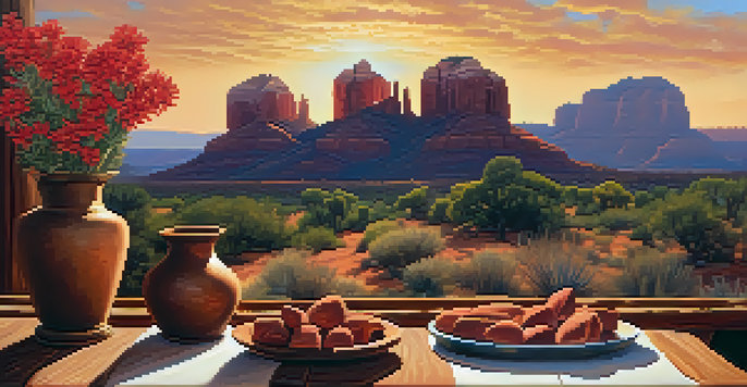 A landscape of Sedona with red rock formations at sunset, featuring pottery on a wooden table surrounded by desert flowers.