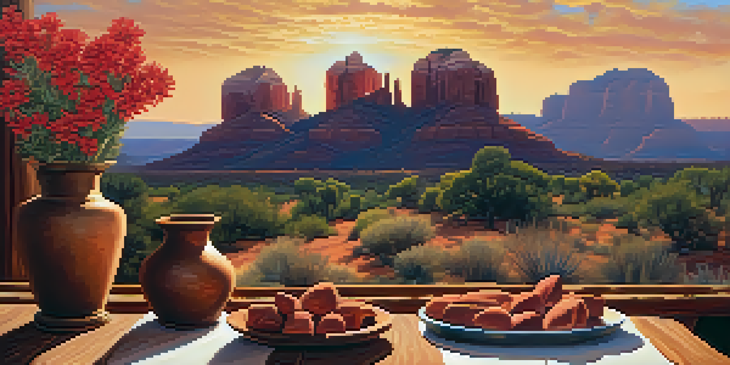 A landscape of Sedona with red rock formations at sunset, featuring pottery on a wooden table surrounded by desert flowers.
