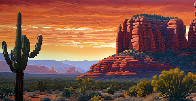 A sunset view over red rocks in Sedona, with a cactus in the foreground, showcasing warm colors in the sky.