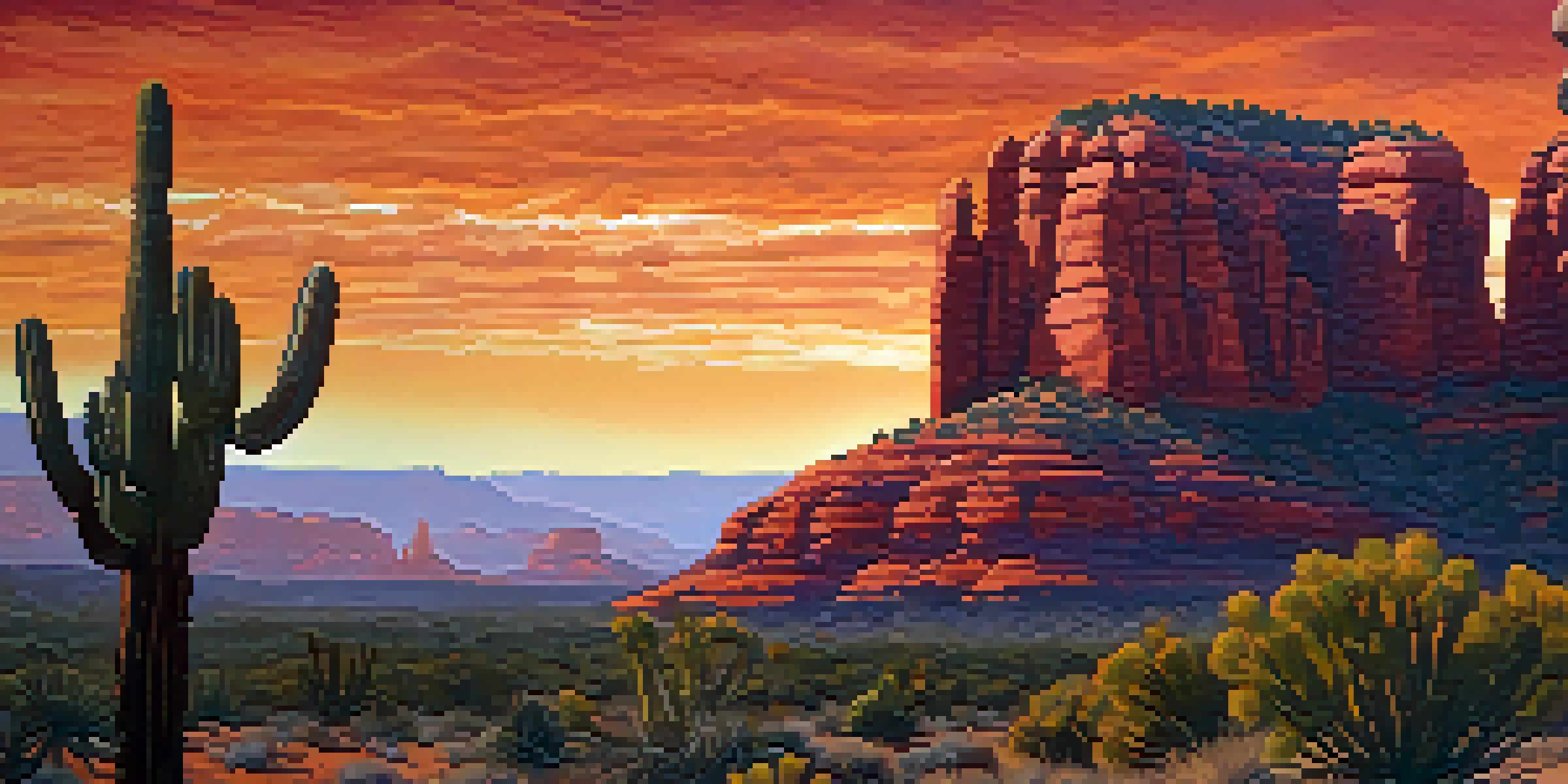 A sunset view over red rocks in Sedona, with a cactus in the foreground, showcasing warm colors in the sky.