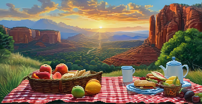 A couple enjoying a picnic at Cathedral Rock Trail with a red rock backdrop, a picnic blanket, and a basket of food.
