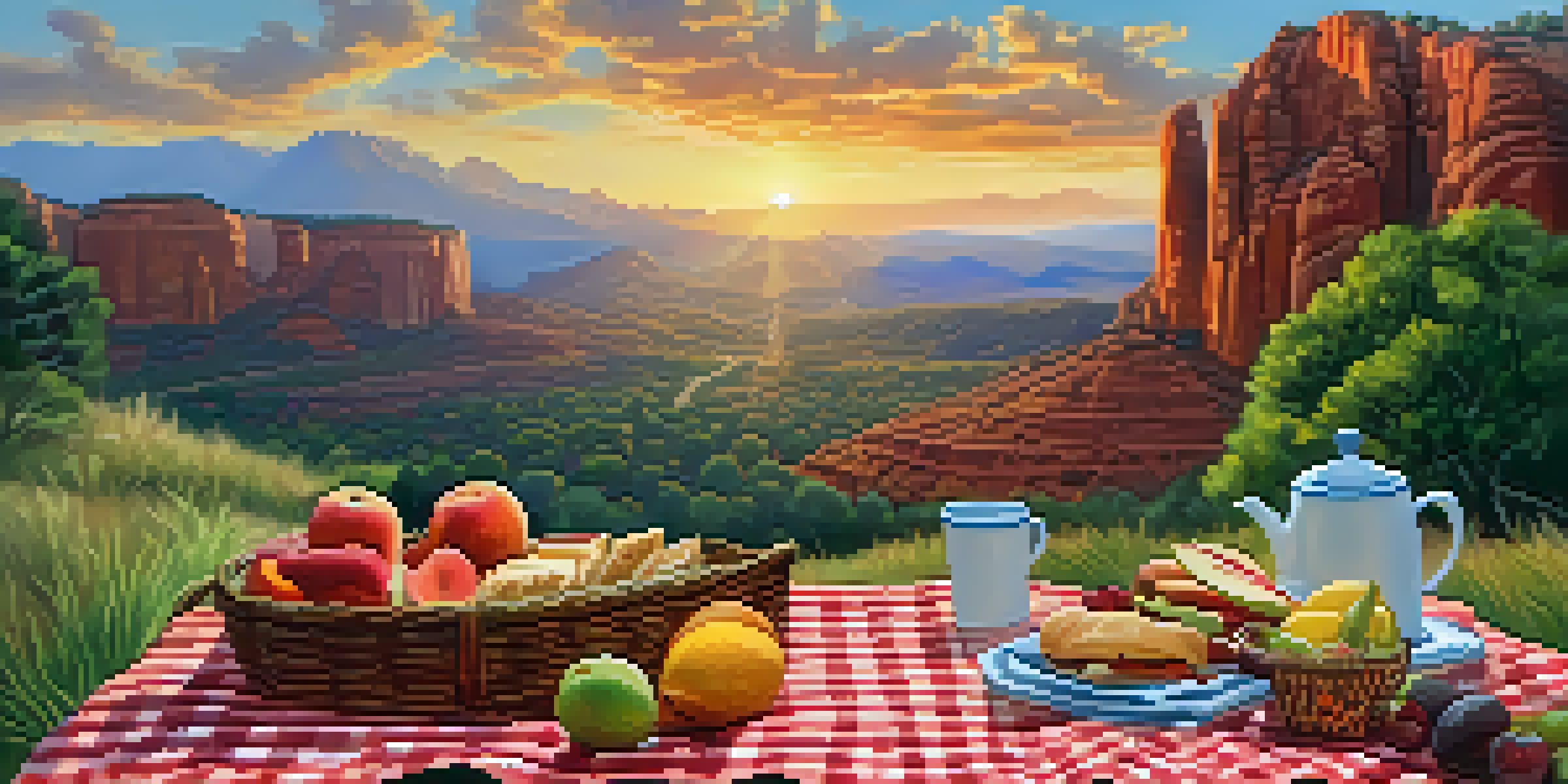 A couple enjoying a picnic at Cathedral Rock Trail with a red rock backdrop, a picnic blanket, and a basket of food.