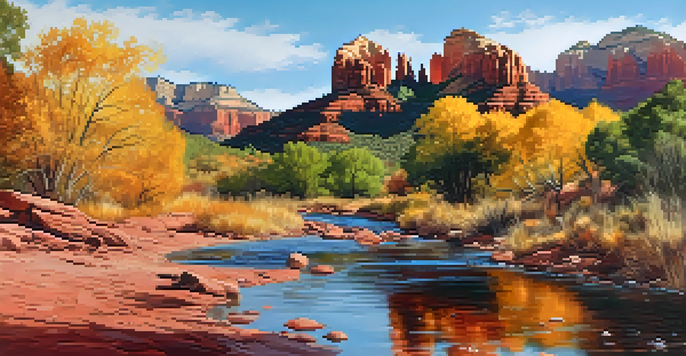 A scenic view of Sedona in autumn, showcasing bright fall colors and red rock formations with hikers in the landscape.