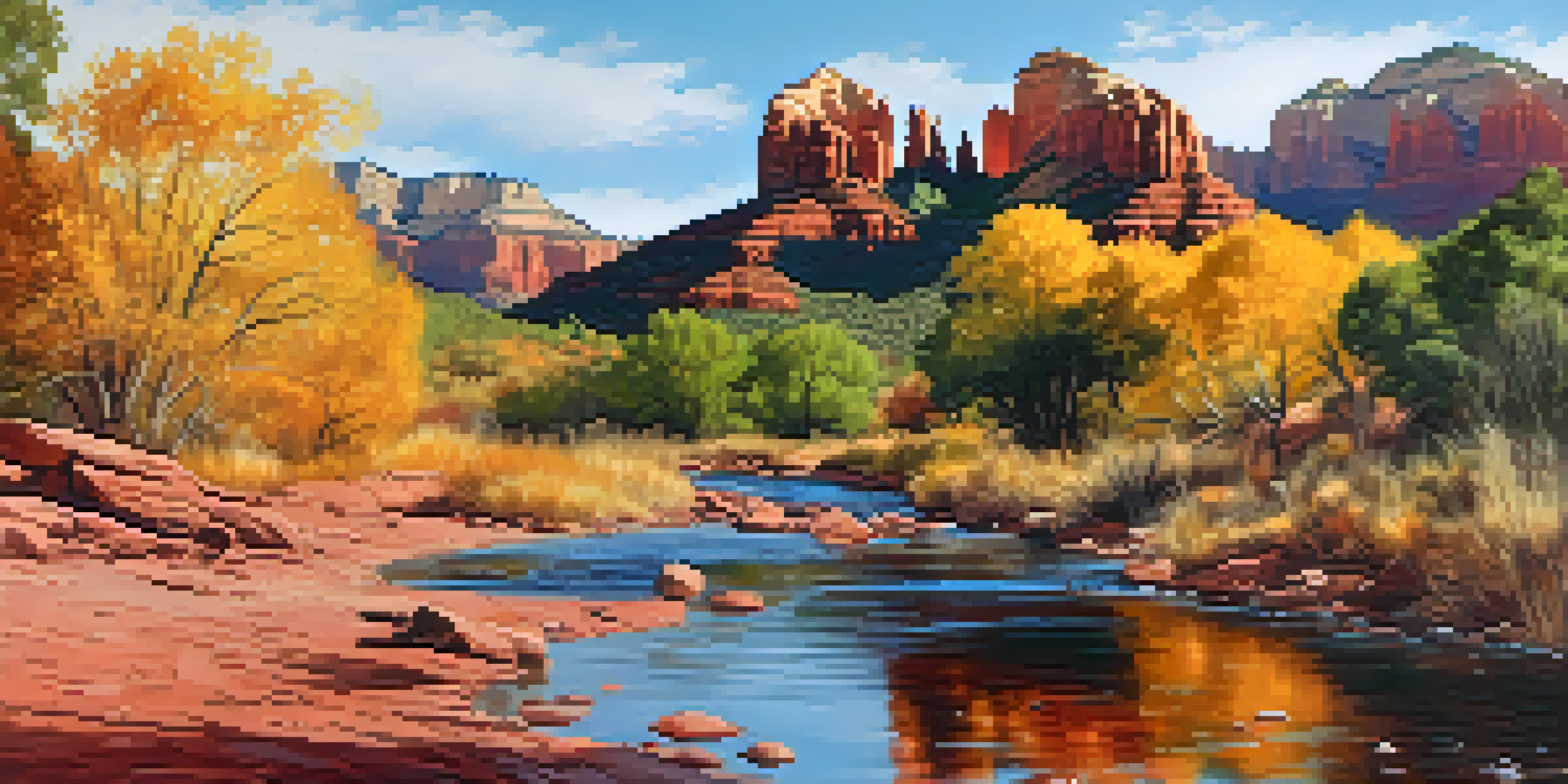 A scenic view of Sedona in autumn, showcasing bright fall colors and red rock formations with hikers in the landscape.