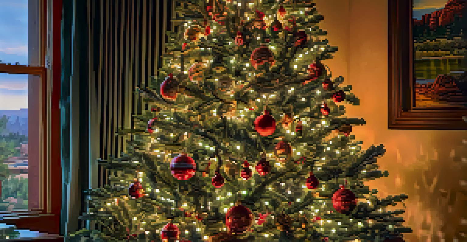 Close-up of a decorated Christmas tree at the Sedona Heritage Museum, featuring eco-friendly ornaments and glowing LED lights with the museum's historic architecture in the background.