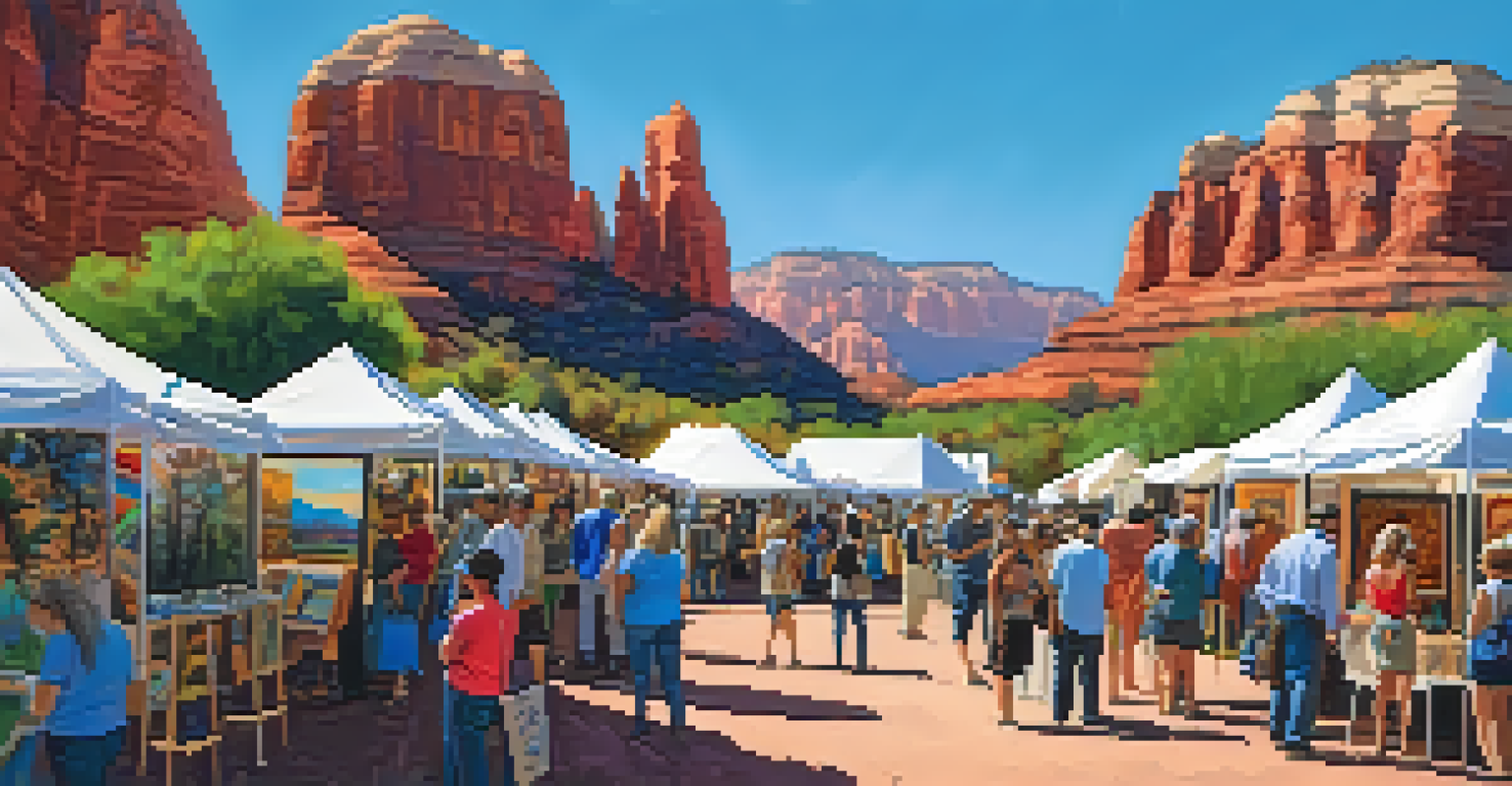 An art festival in Sedona showcasing eco-friendly artworks and artists engaging with attendees.
