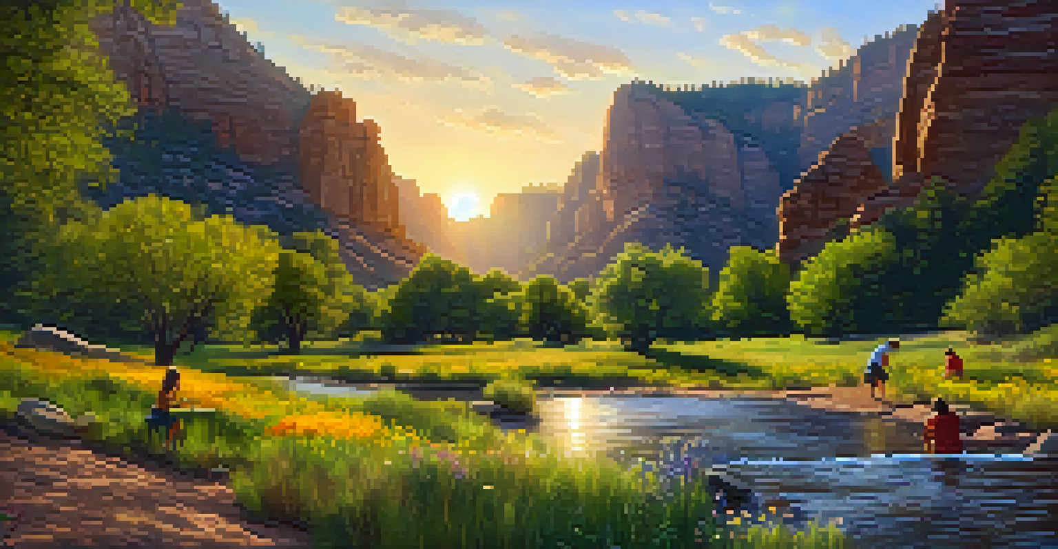 A family having a picnic by a creek surrounded by wildflowers and trees in a canyon during sunset.