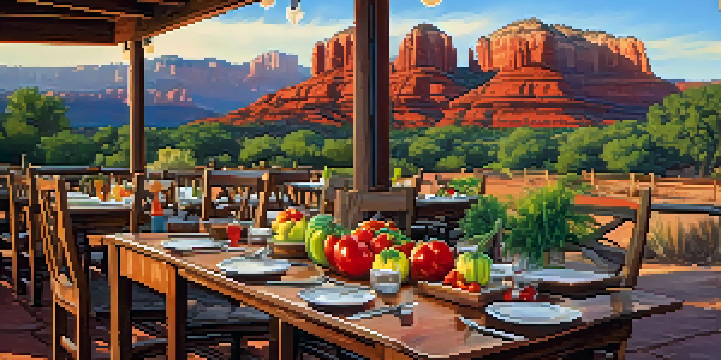 A picturesque farm-to-table restaurant with a rustic wooden table adorned with colorful dishes, against the backdrop of Sedona's famous red rock formations at sunset.