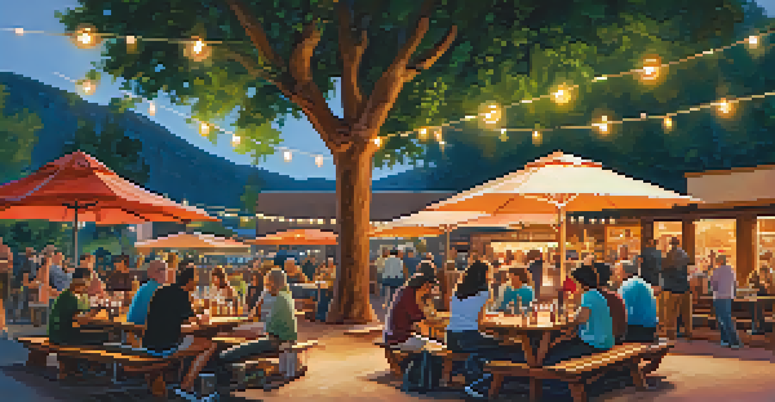 An outdoor beer garden with picnic tables and string lights, where guests enjoy craft beers and food truck offerings.