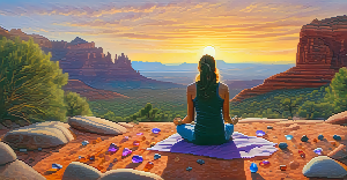 A person meditating on a red rock in Sedona, surrounded by colorful gemstones during sunset.