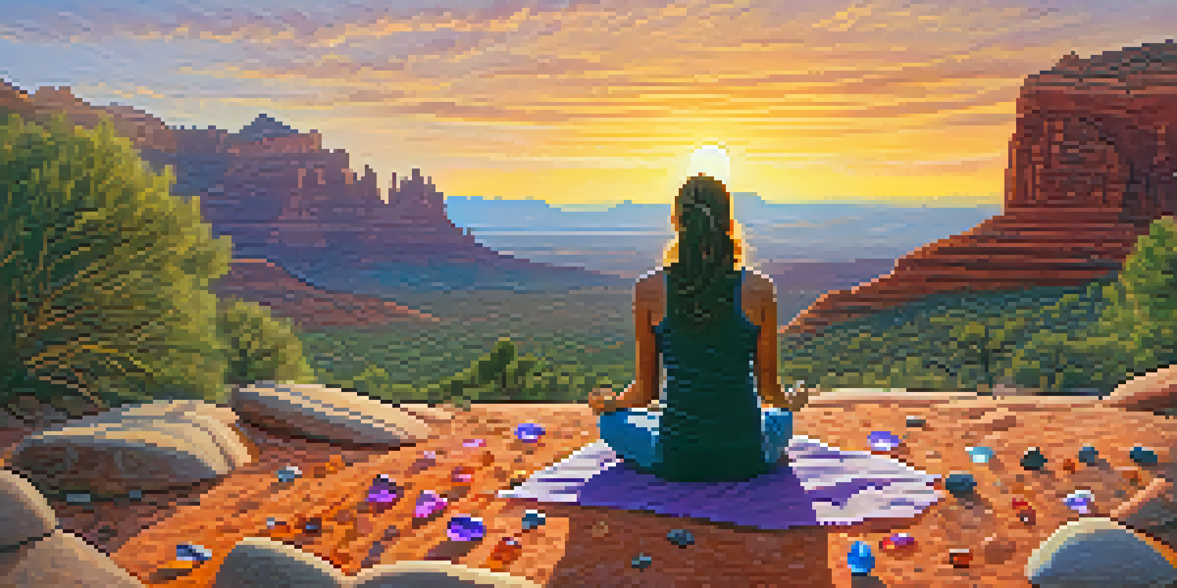 A person meditating on a red rock in Sedona, surrounded by colorful gemstones during sunset.
