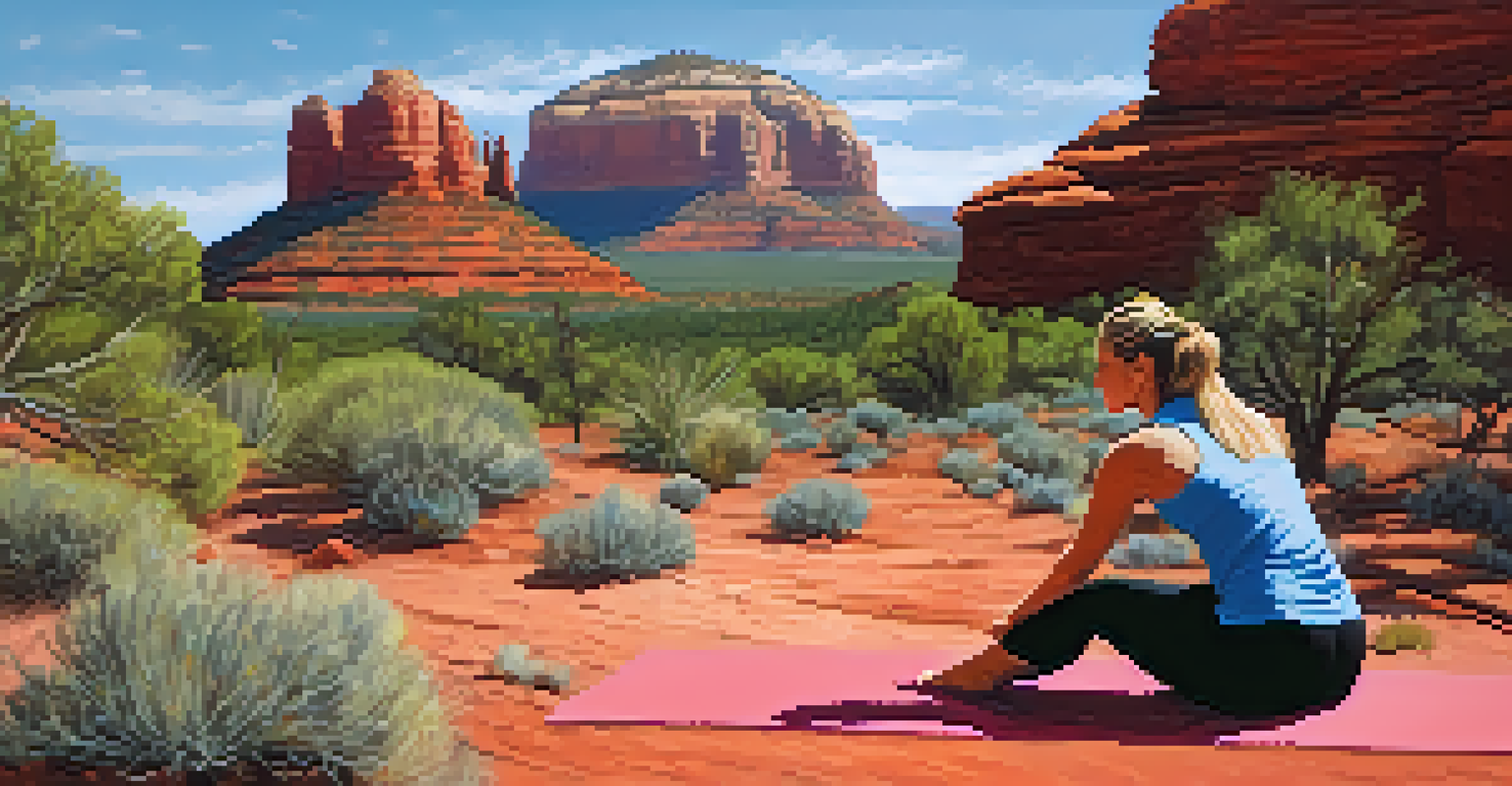 A person practicing yoga on Bell Rock in Sedona, surrounded by red rock formations and a clear blue sky.