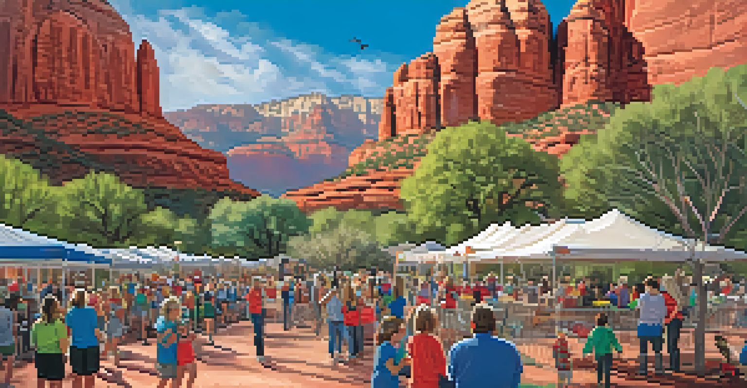 A community fundraising event for wildlife rehabilitation in Sedona, with residents enjoying activities and workshops in a park with red rock formations in the background.