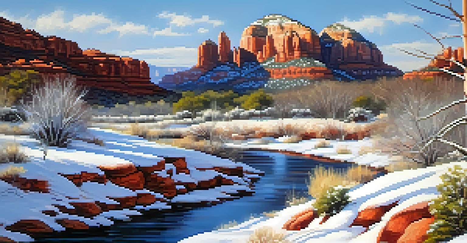 A tranquil winter landscape in Sedona, showcasing red rocks lightly covered in snow under a clear blue sky.