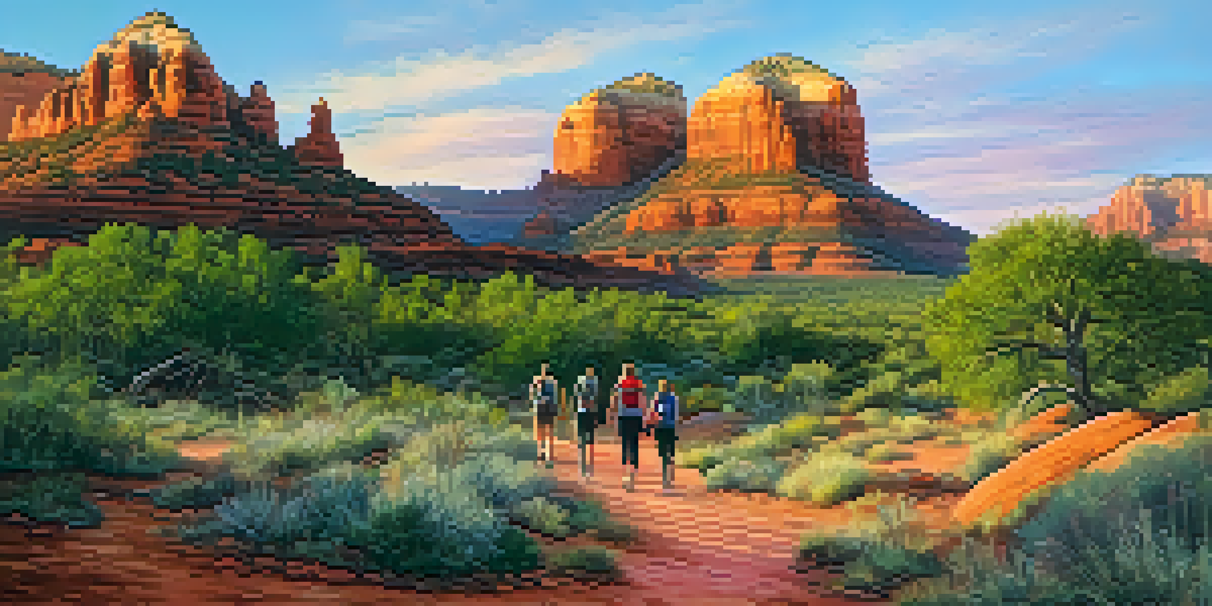 A scenic view of Sedona's red rock formations at sunrise with hikers on a trail surrounded by greenery.